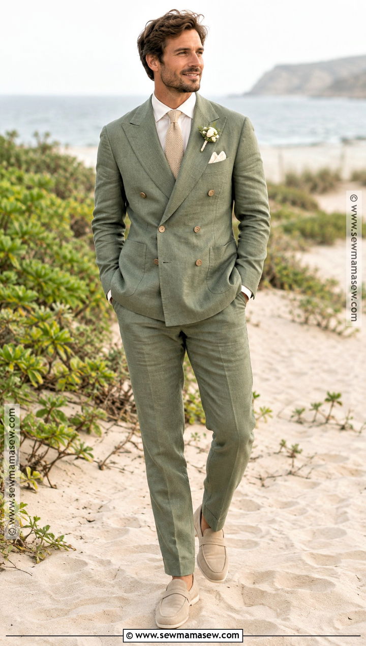 Sage Green Double Breasted Suit For A Beach Wedding - 15 fall beach wedding groom attire ideas