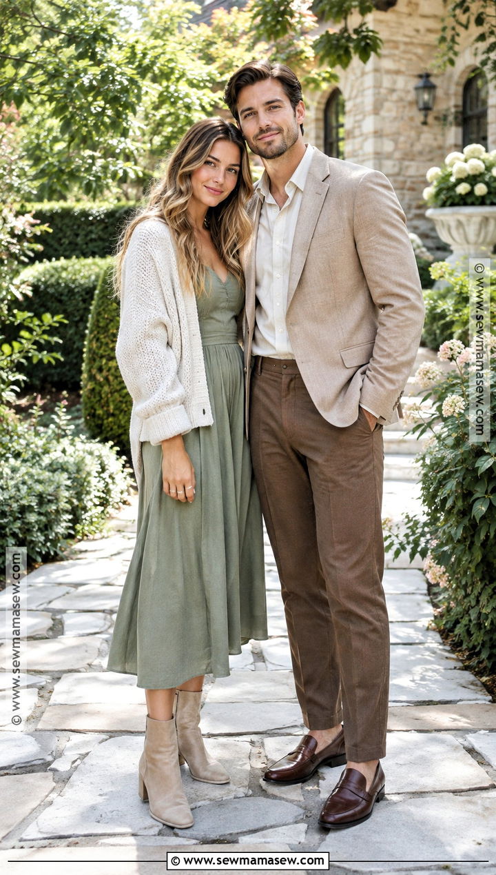 Sage Green Dress And Beige Blazer Couple Outfit - 20 fall couple photoshoot outfit ideas