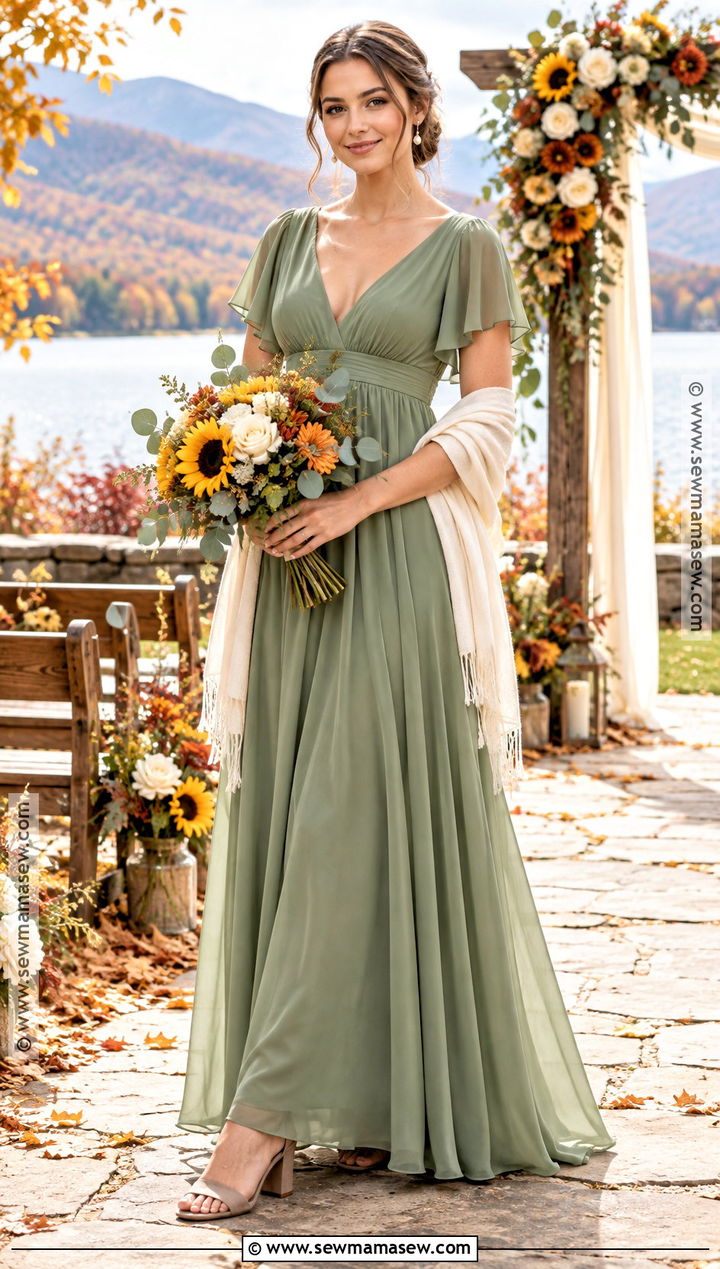Sage Green Empire Waist Bridesmaid Dress - 15 fall sunflower wedding theme bridesmaid dresses
