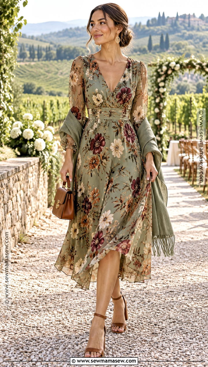Sage Green Floral Chiffon Midi Dress - 15 sage green fall wedding guest dress ideas