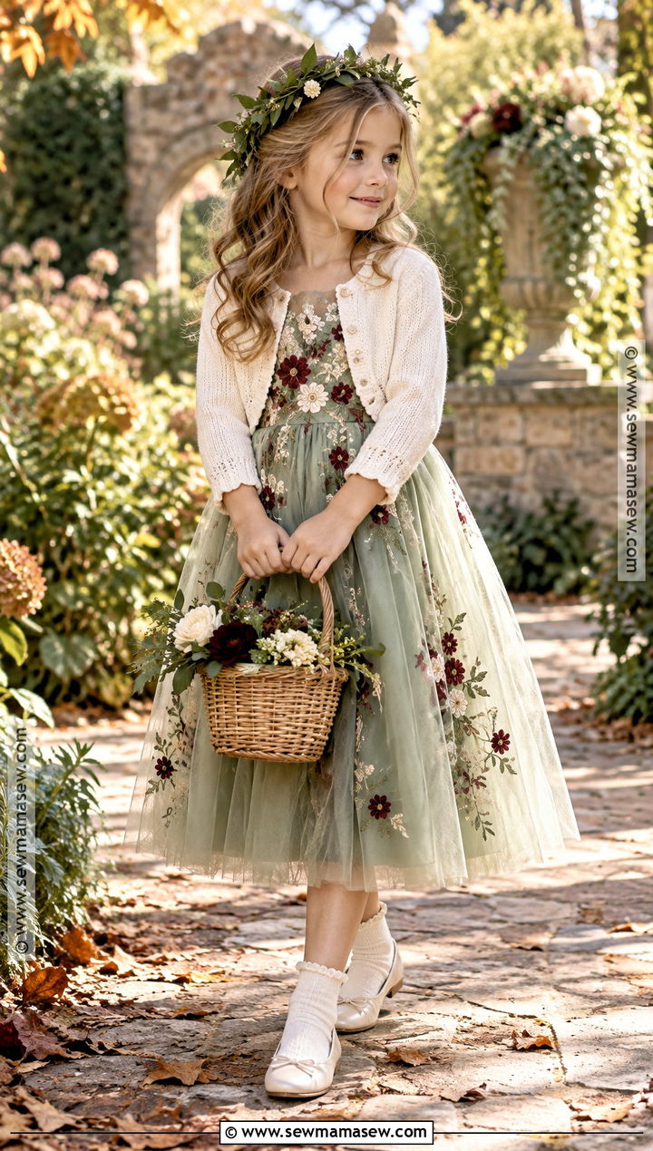 Sage Green Floral Tulle Flower Girl Dress - 20 Fall Wedding Flower Girl Dresses