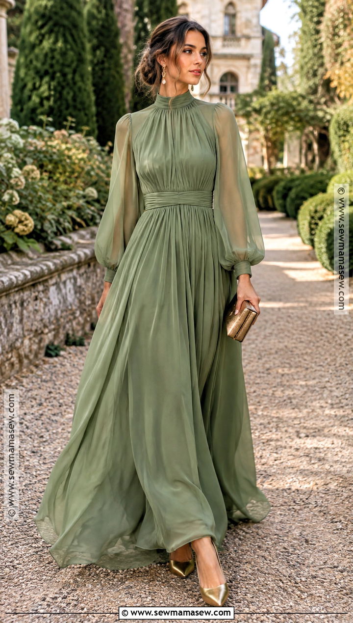 Sage Green High Neck Chiffon Maxi Dress - 15 sage green fall wedding guest dress ideas