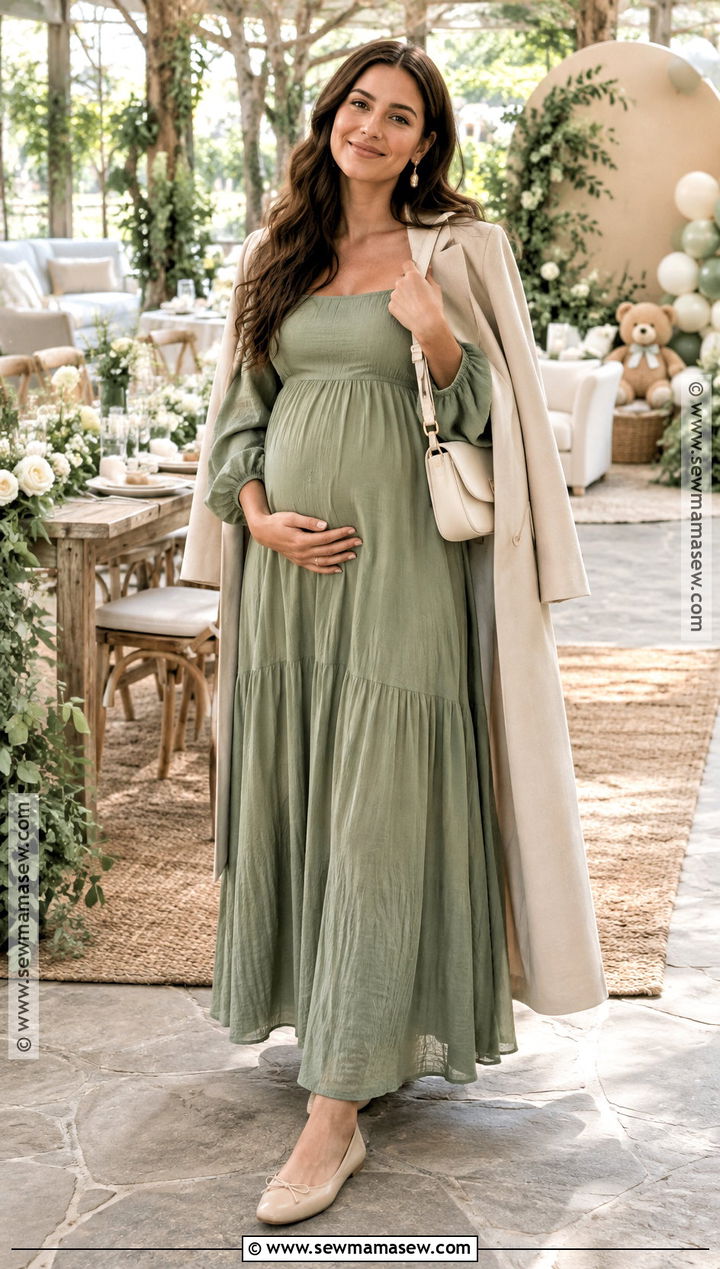 Sage Green Long Sleeve Baby Shower Dress - 20 fall baby shower dress ideas for moms