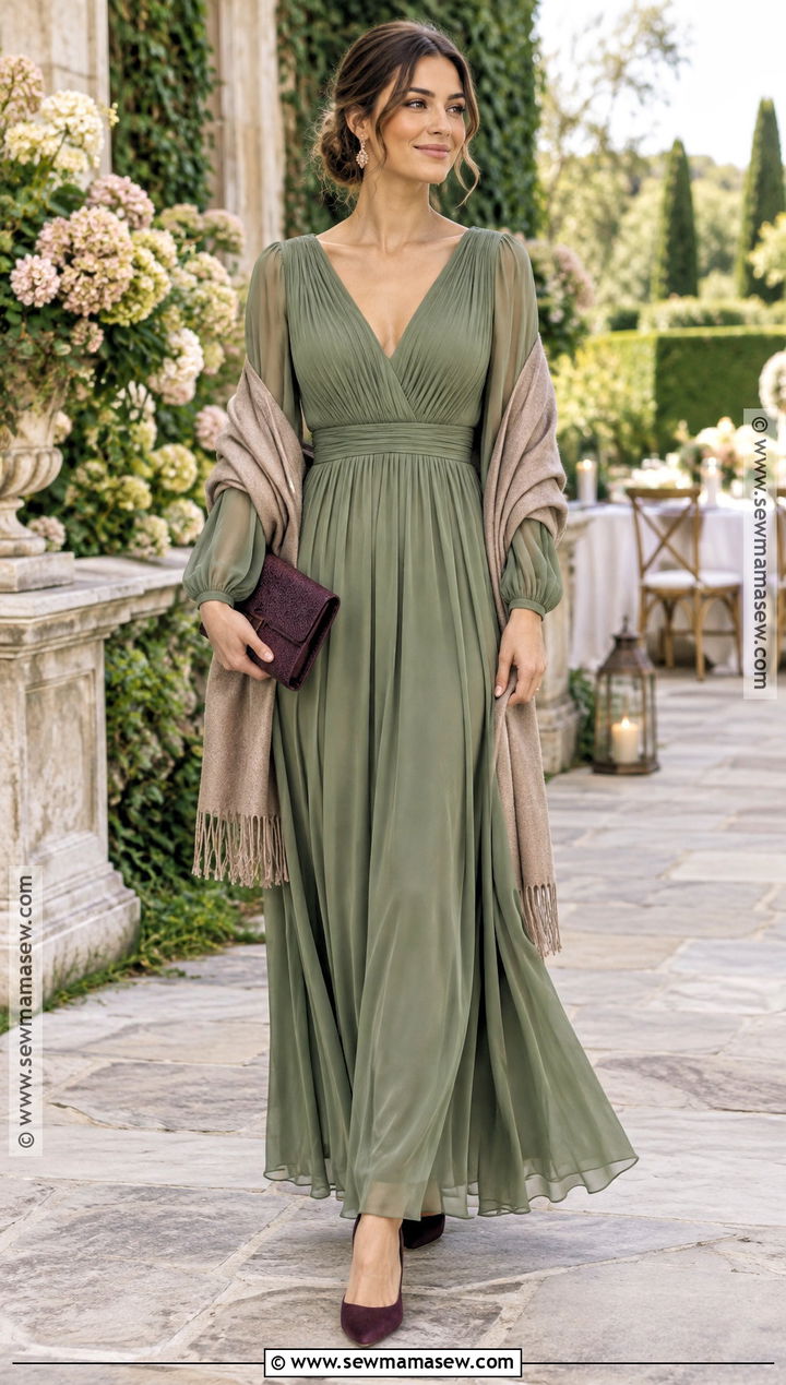Sage Green Long Sleeve Maxi Dress - 15 fall green wedding guest dress ideas