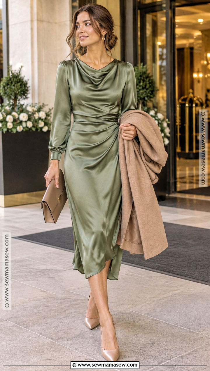 Sage Green Long Sleeve Satin Midi Dress - 15 sage green fall wedding guest dress ideas