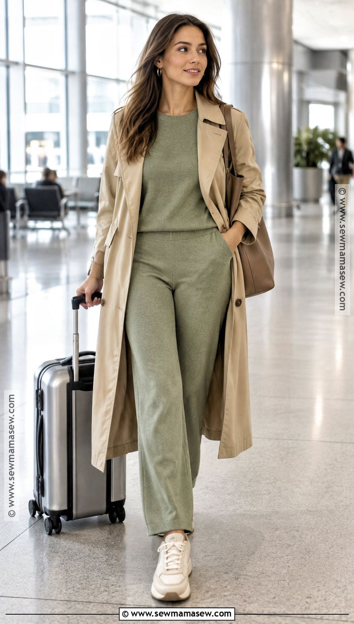 Sage Green Matching Set And Trench Coat Outfit - 15 Autumn Green Outfit Ideas