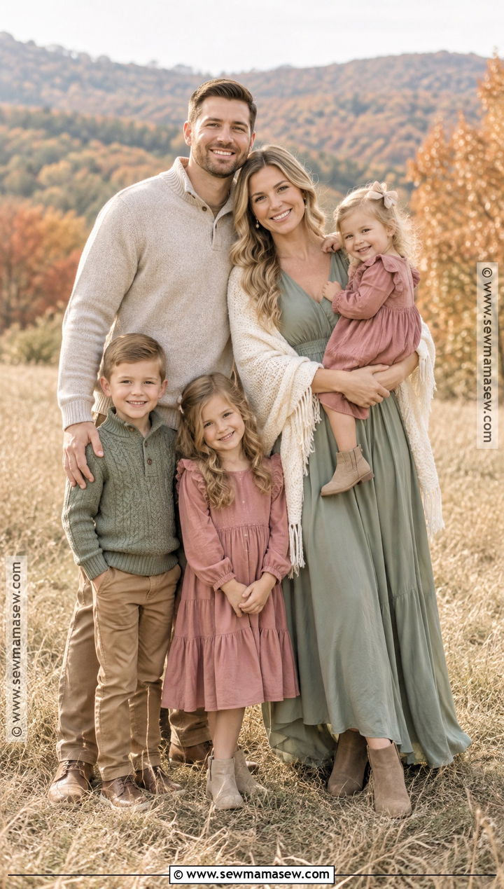 Sage Green Maxi Dress With Dusty Rose Family Outfits - 15 Green Dress Fall Family Photos Ideas