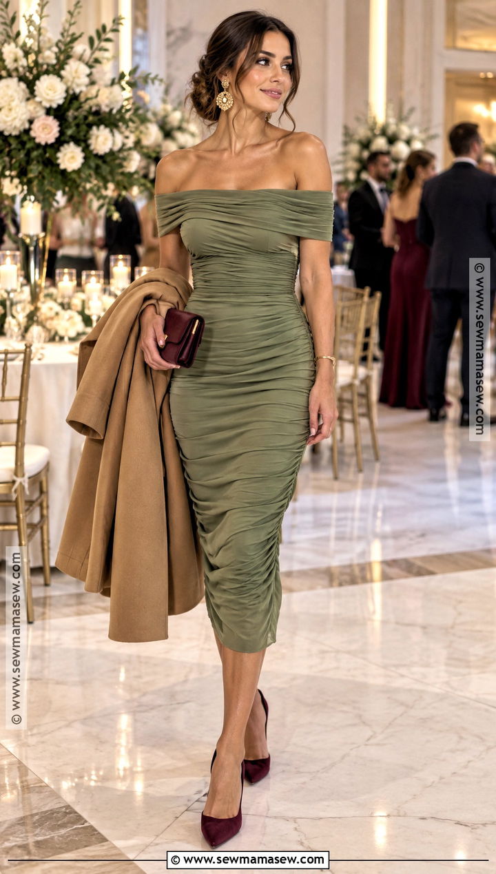 Sage Green Off the Shoulder Ruched Midi Dress - 15 sage green fall wedding guest dress ideas