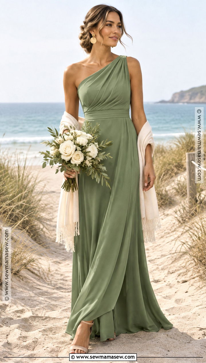 Sage Green One Shoulder Beach Bridesmaid Dress - 15 Fall Beach Bridesmaid Dresses