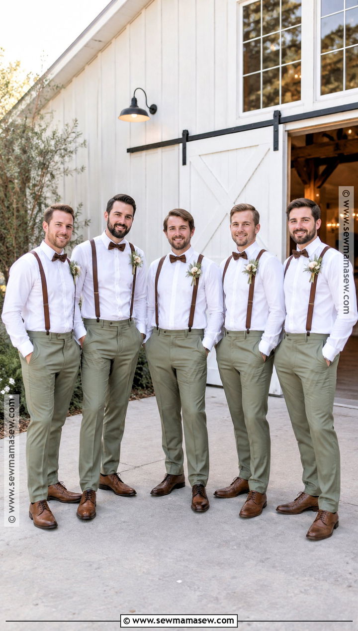 Sage Green Pants With Brown Suspenders - 15 fall wedding groomsmen attire sage green ideas
