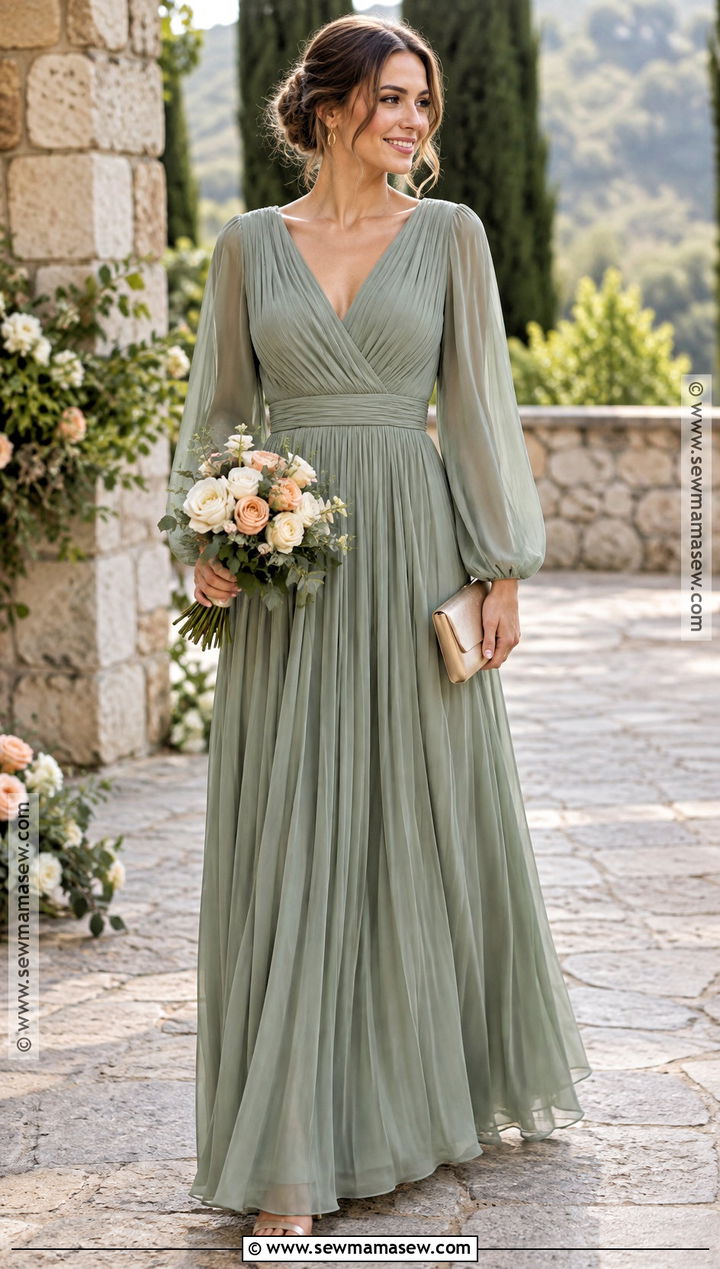 Sage Green Pleated Chiffon Sleeve Bridesmaid Dress - 15 Fall Bridesmaid Dresses With Sleeves