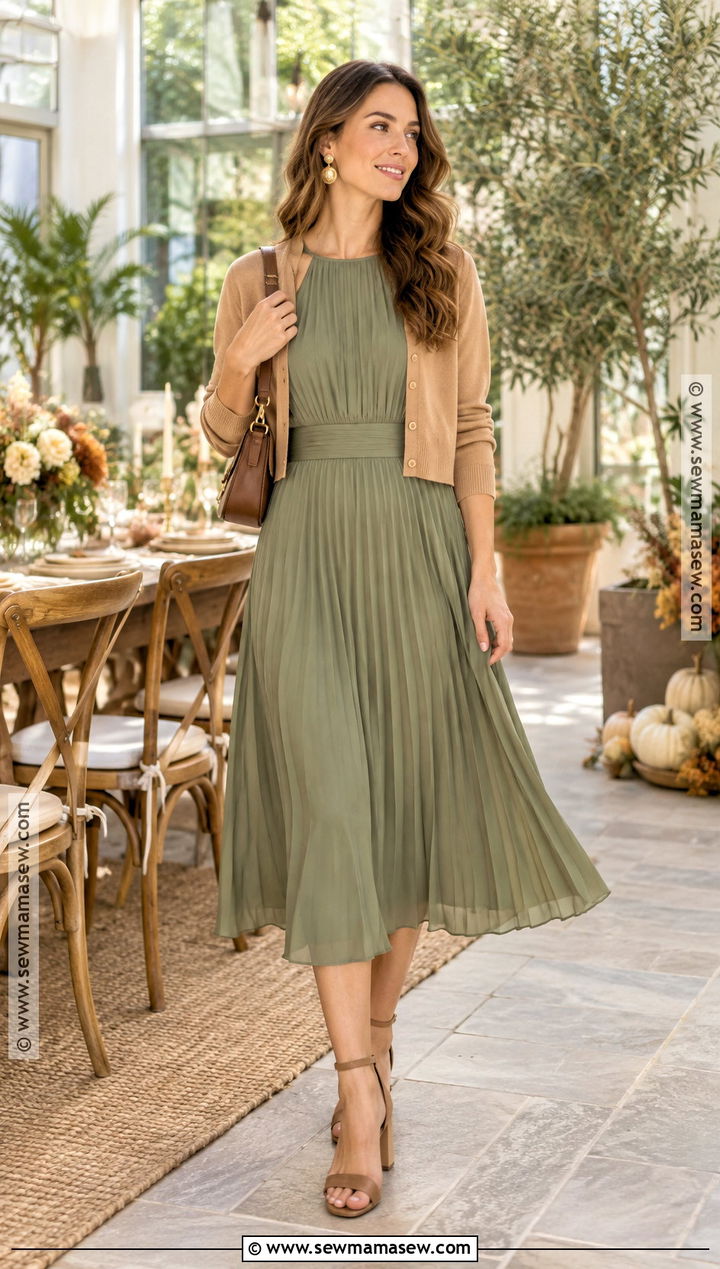 Sage Green Pleated Dress Fall Wedding Shower Outfit - 20 Fall Wedding Shower Outfit For Guest Ideas