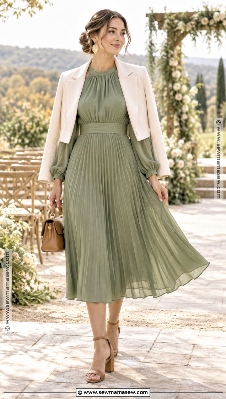 Sage Green Pleated Fall Wedding Guest Dress - 20 fall wedding guest dress casual ideas