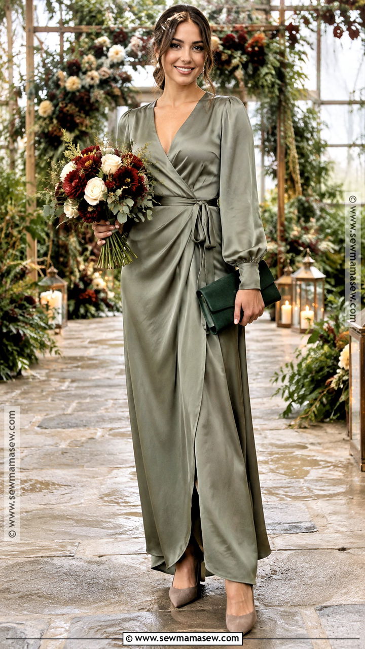 Sage Green Satin Long Sleeve Bridesmaid Dress - 20 november wedding bridesmaid dress ideas