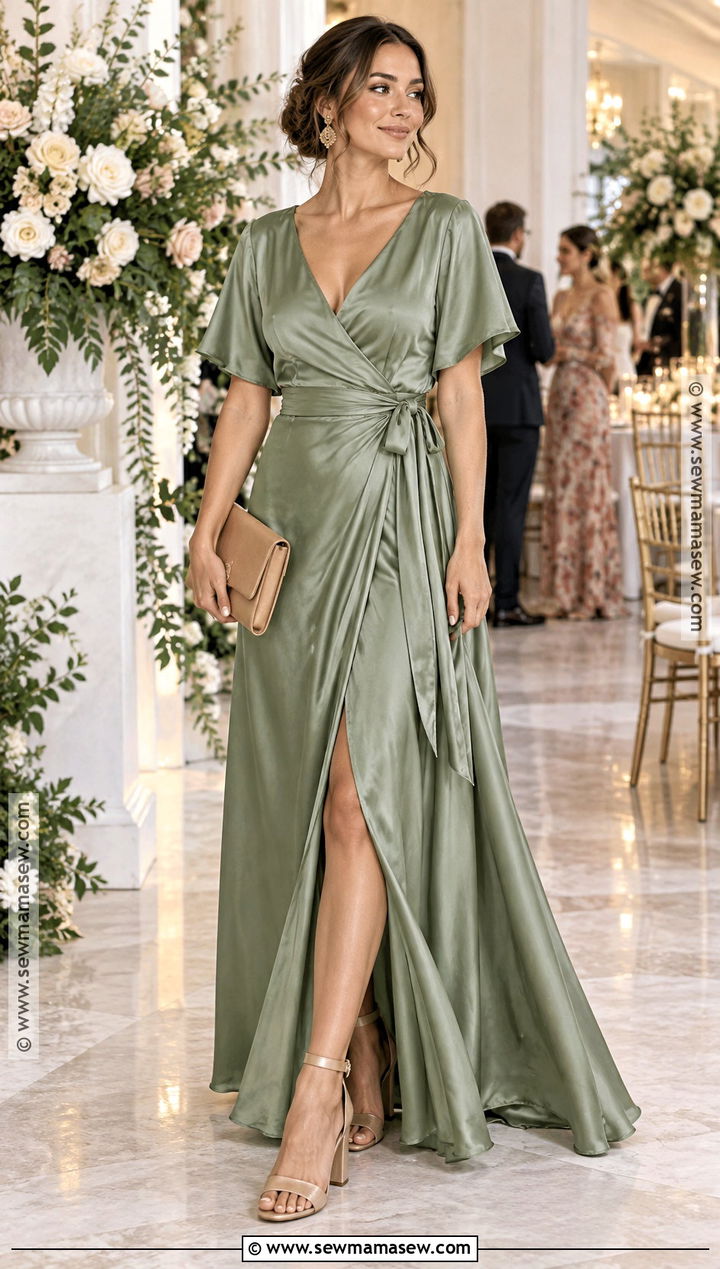 Sage Green Satin Wrap Dress - 15 soft autumn formal dress ideas