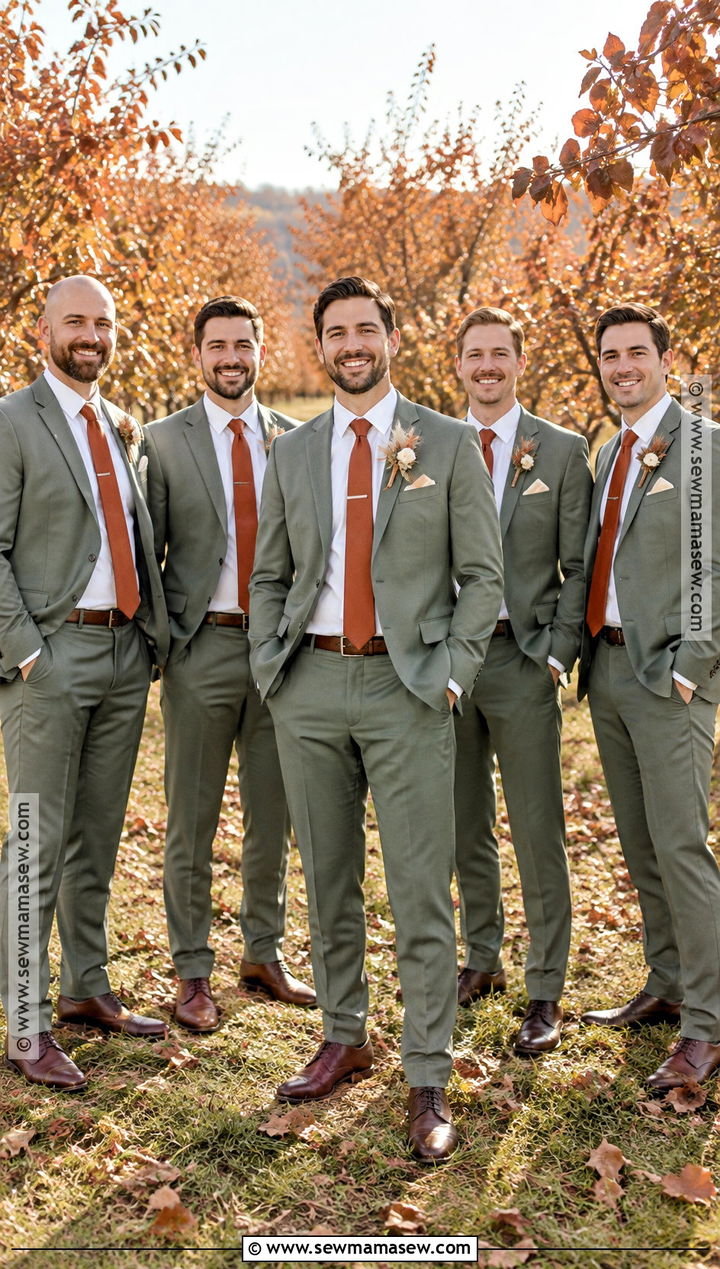 Sage Green Suit With Burnt Orange Tie - 15 fall wedding groomsmen attire sage green ideas