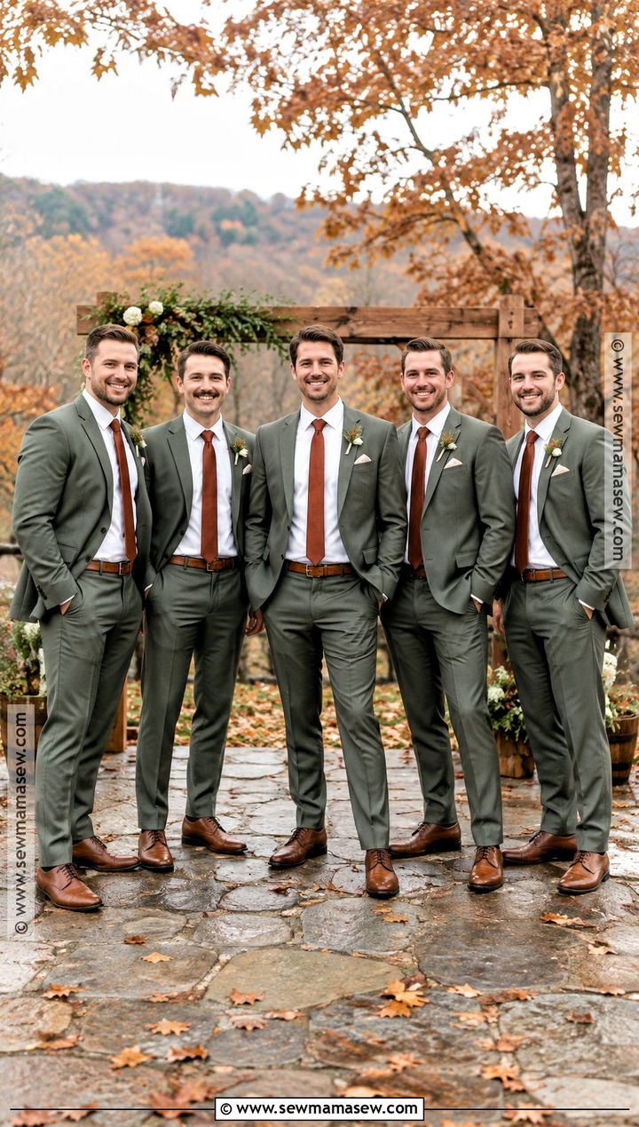 Sage Green Suit With Rust Tie - 15 fall wedding groomsmen attire sage green ideas