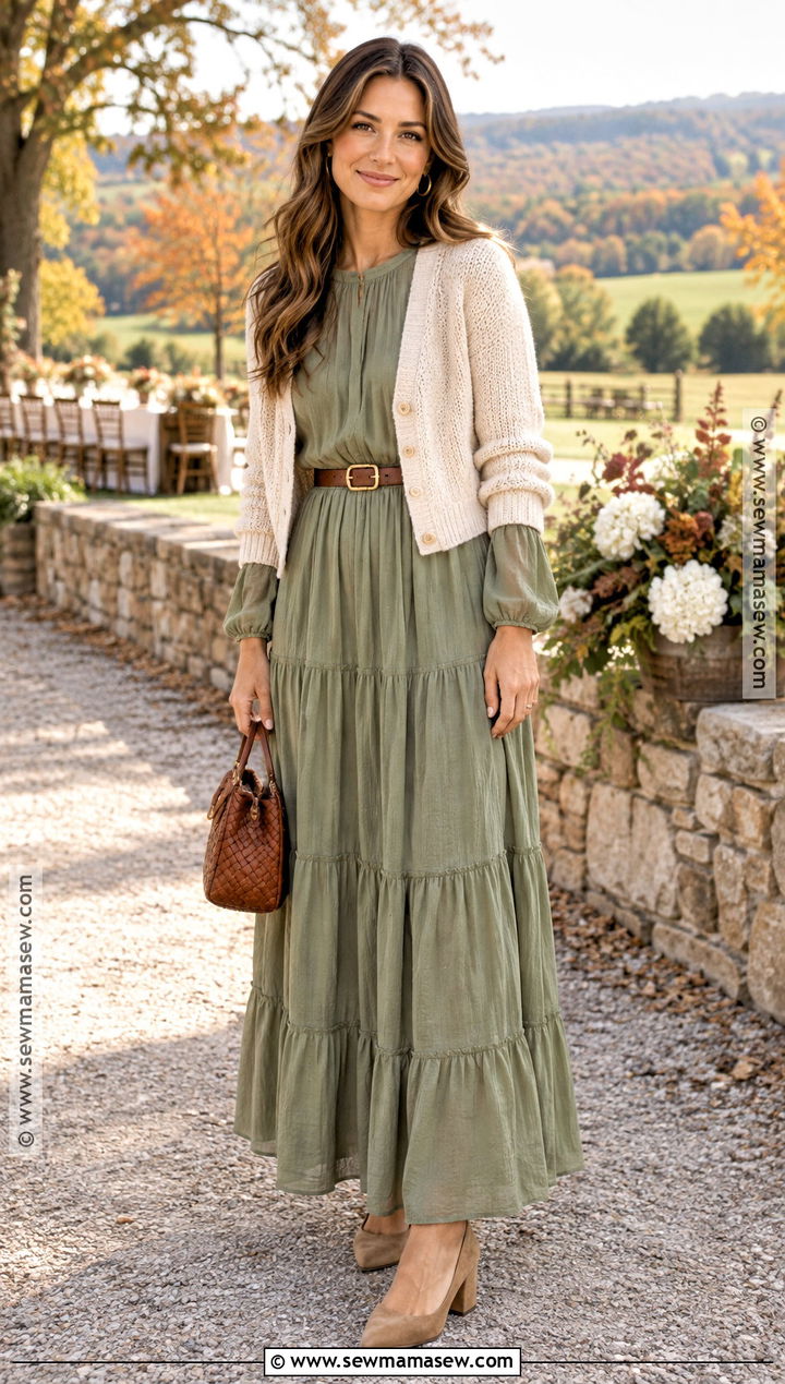 Sage Green Tiered Maxi Dress With Cardigan - 15 sage green fall wedding guest dress ideas