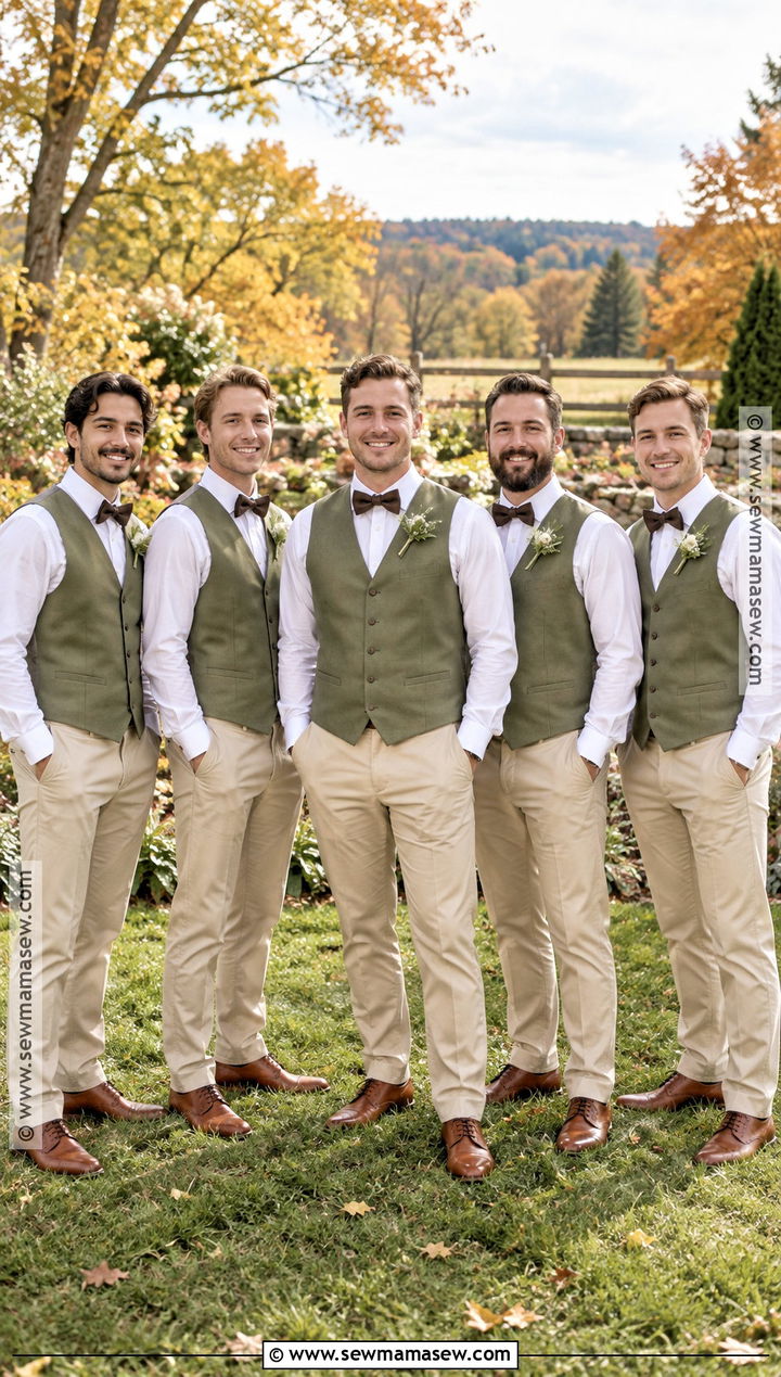Sage Green Vest With Beige Trousers - 15 fall wedding groomsmen attire sage green ideas