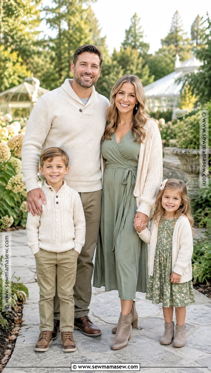 Sage Green Wrap Dress With Beige Family Outfits - 15 Green Dress Fall Family Photos Ideas