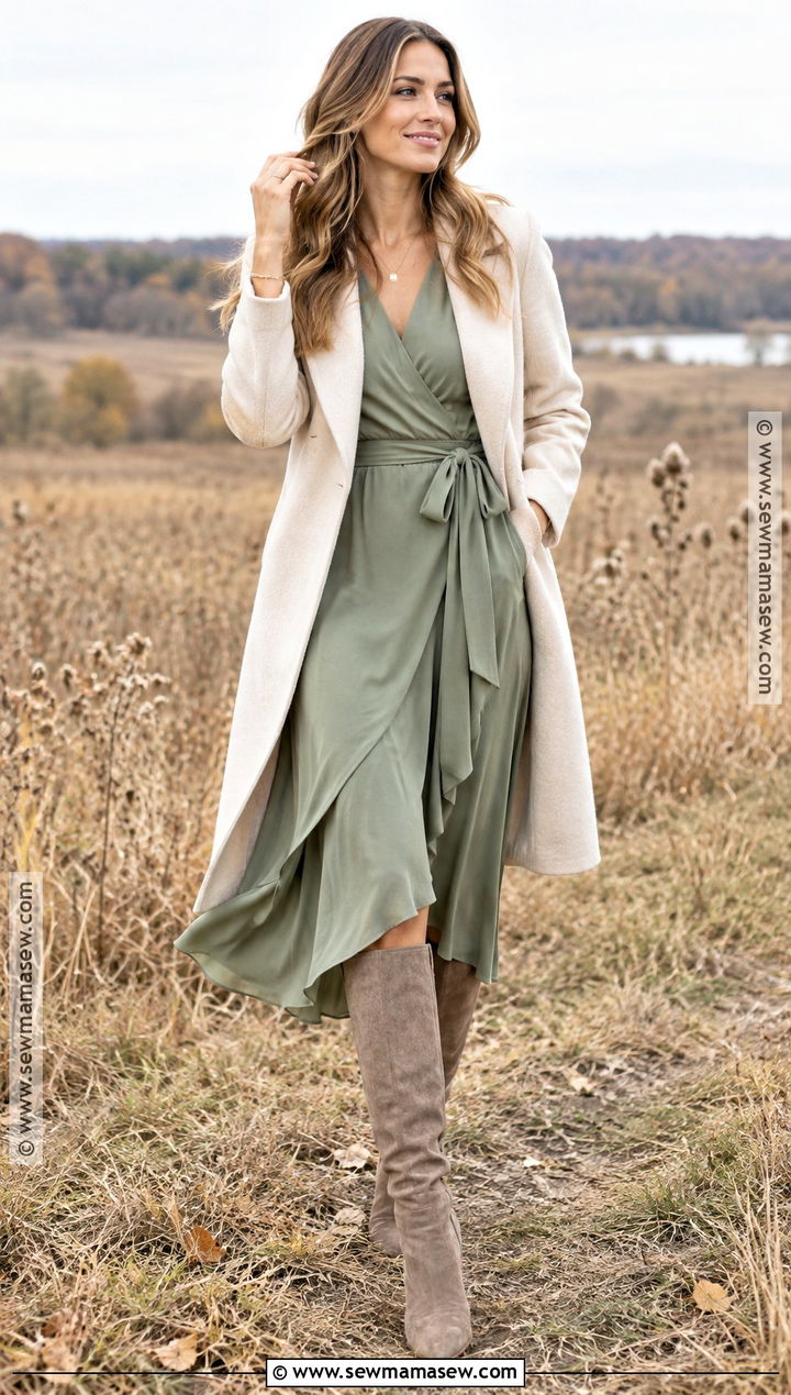 Sage Green Wrap Midi Dress Outfit - 20 fall dresses for family pictures