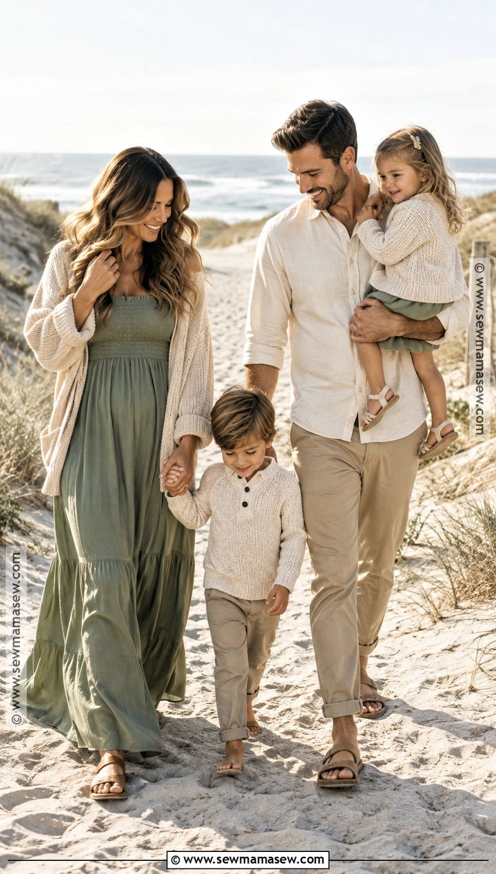 Sage Green and Beige Fall Beach Family Outfit - 15 fall beach outfits for family pictures