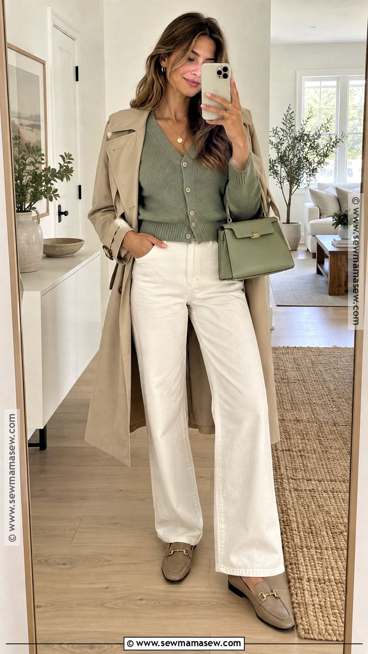 Sage Green and Cream Cardigan Outfit - 20 Fall Color Combinations Outfit Ideas