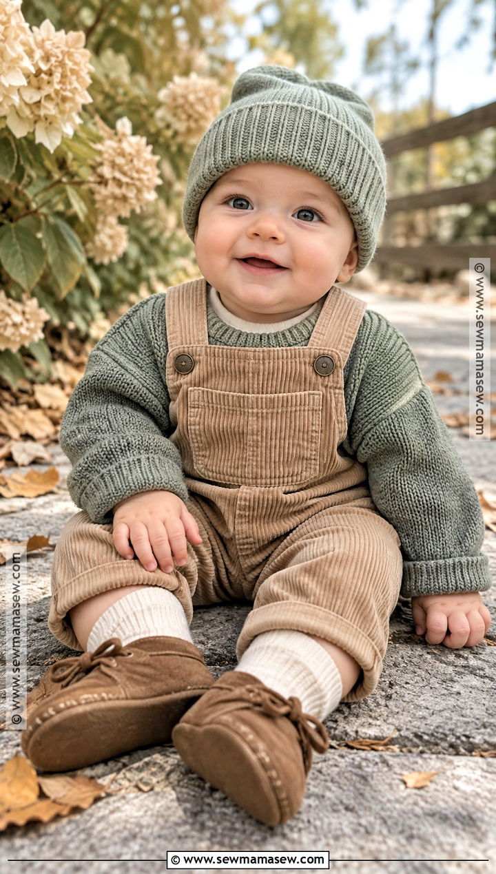 Sage Knit Baby Sweater With Corduroy Overalls - 15 Knit Baby Sweater Fall Style Ideas