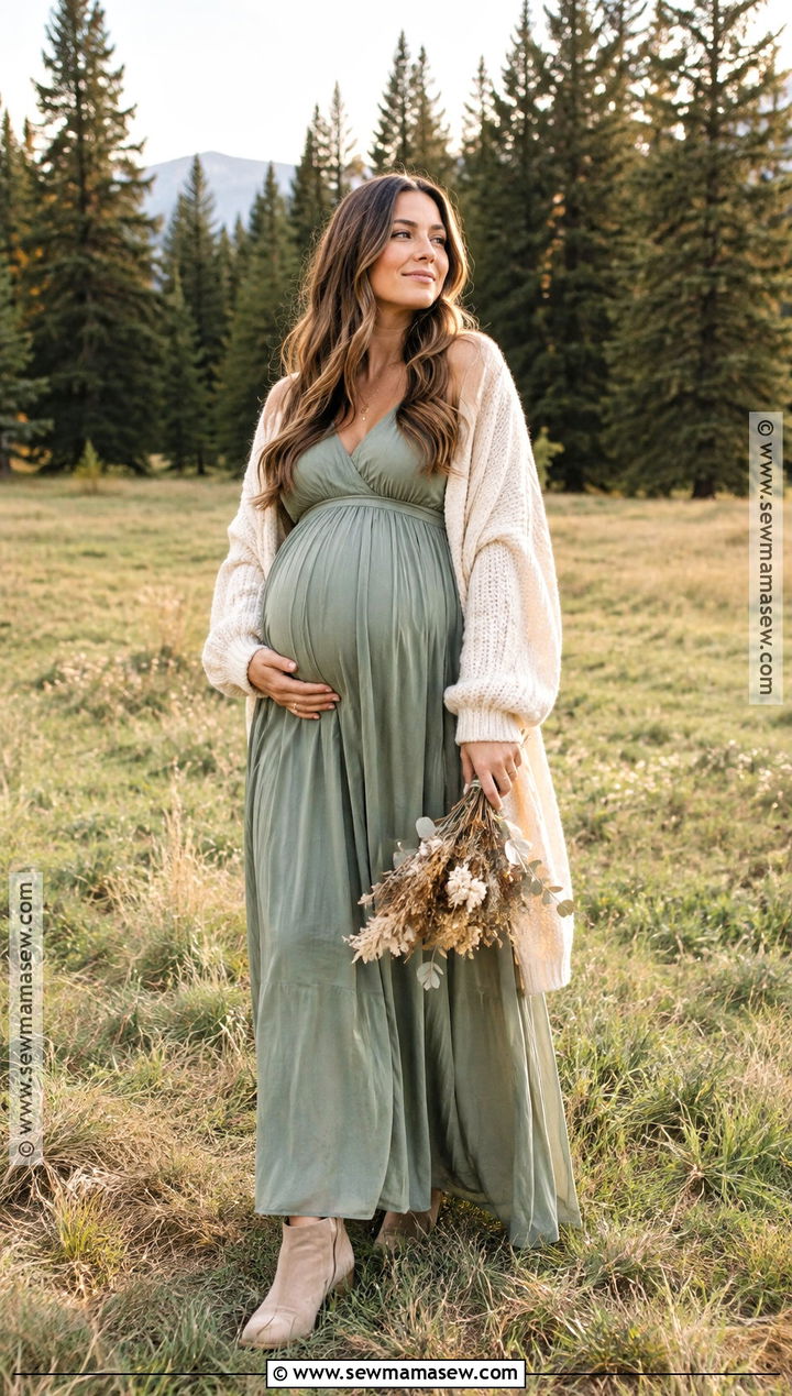 Sage Maternity Maxi Dress With a Knit Cardigan - 15 fall maternity photo outfits