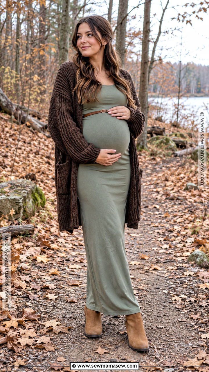 Sage Maxi Dress and Brown Cardigan Maternity Photoshoot Outfit - 20 November Maternity Photoshoot Outfits