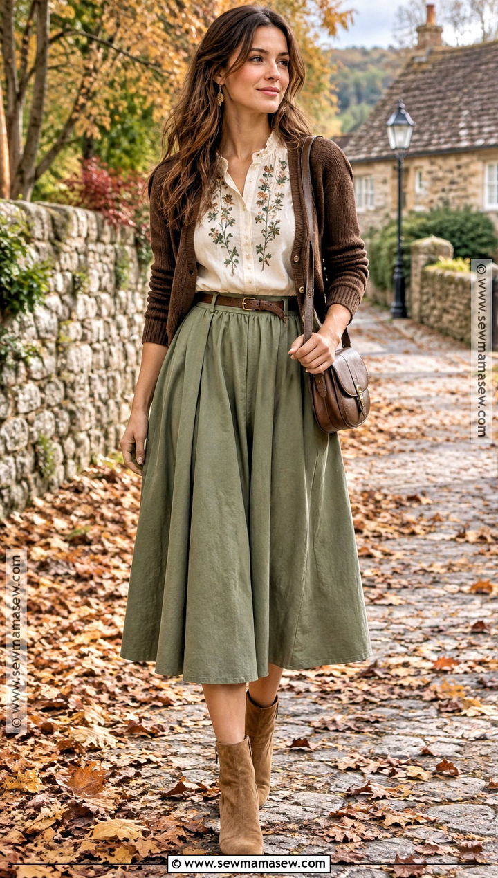 Sage Midi Skirt And Embroidered Blouse Autumn Cottagecore Outfit - 25 autumn cottagecore outfit ideas