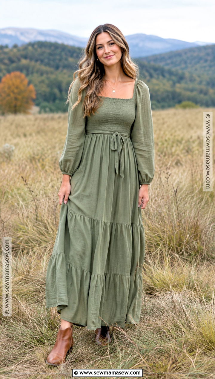 Sage Smocked Maxi Dress And Cognac Boots For Fall Family Photos - 20 Fall Dress For Family Photos Ideas