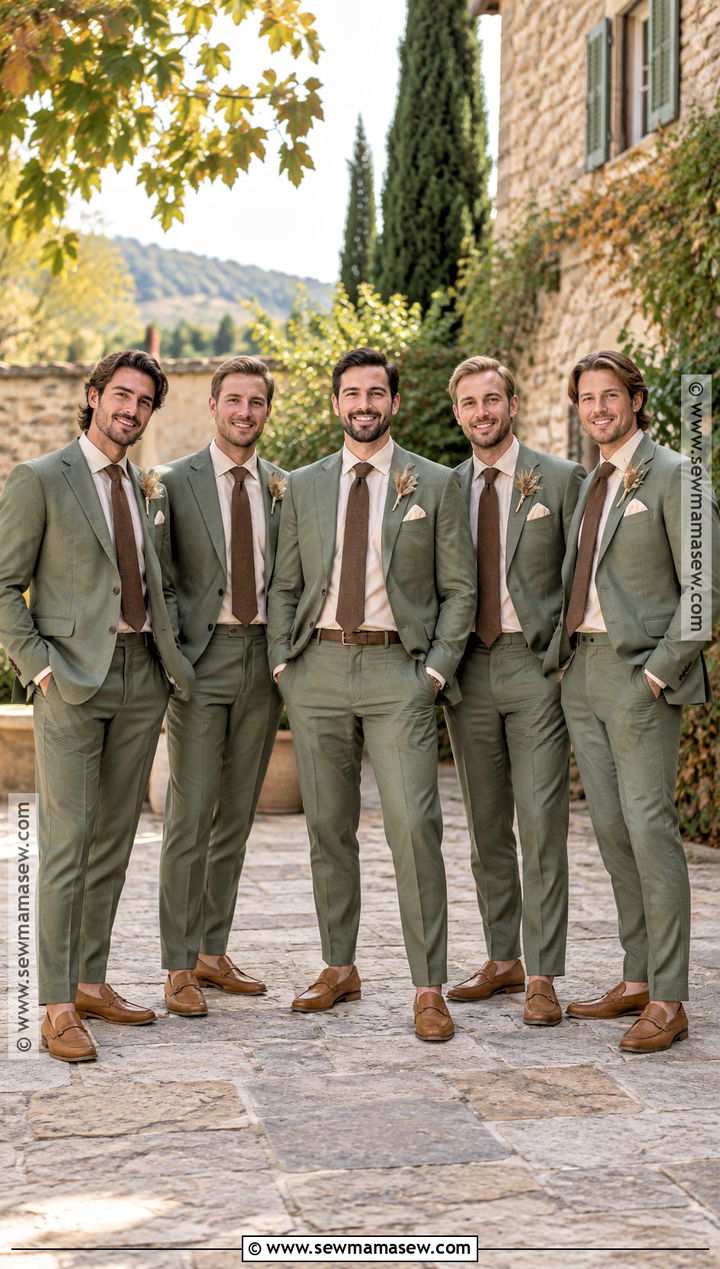 Sage Suit With Oatmeal Shirt And Tan Loafers - 15 fall boho groomsmen attire ideas