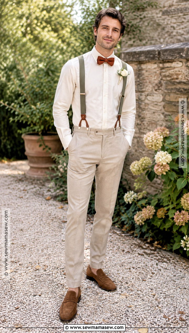 Sage Suspenders And Terracotta Bow Tie Outfit - 15 Fall Wedding Suspenders Bow Ties Ideas