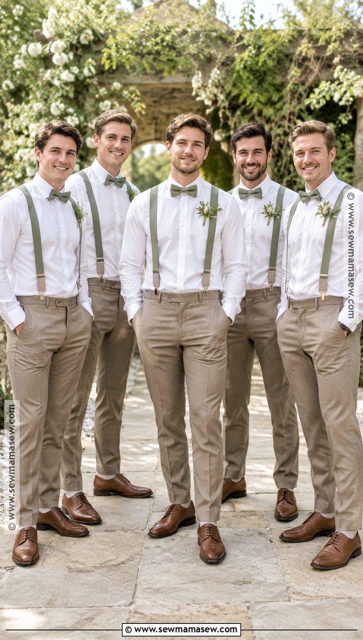 Sage Suspenders With Taupe Trousers - 15 fall wedding groomsmen attire suspenders ideas