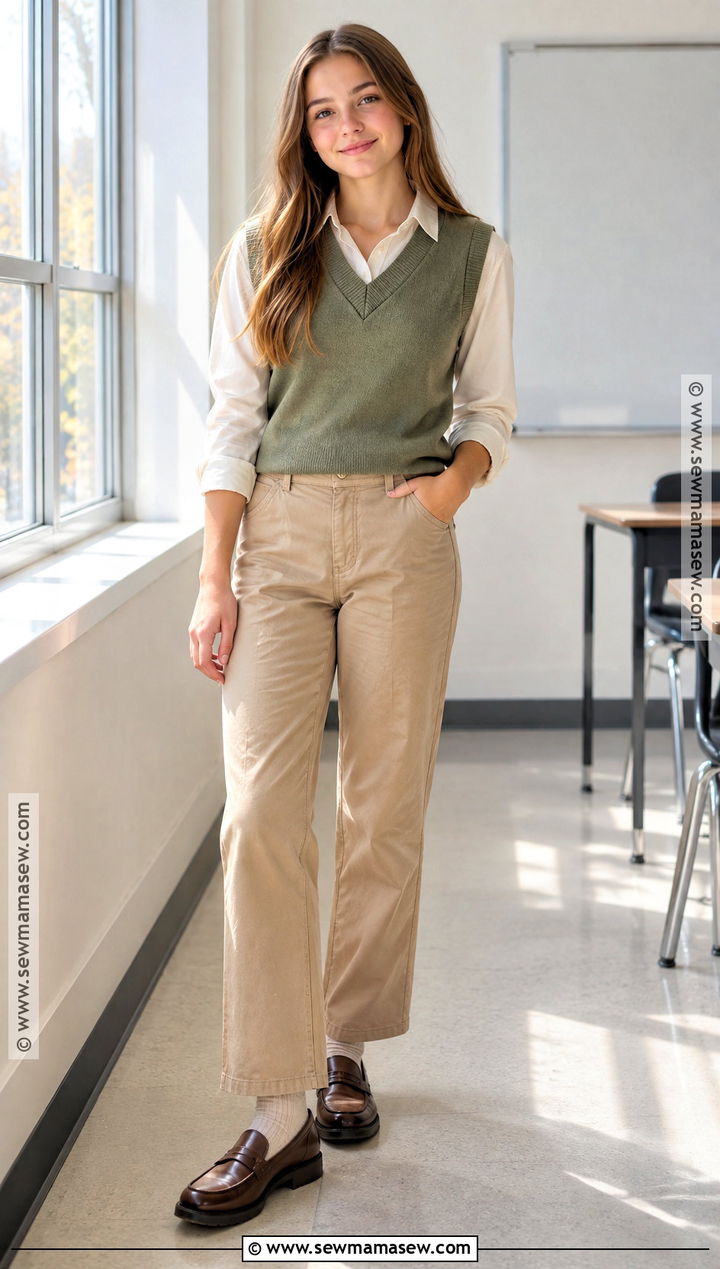 Sage Sweater Vest And Trousers School Photo Outfit - 15 fall school photos outfits