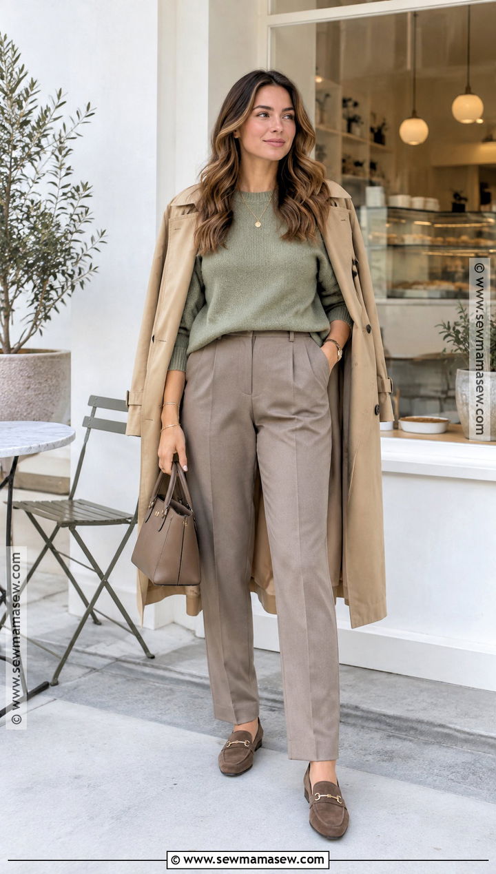 Sage Sweater With Taupe Trousers - 20 autumn colour palette clothes