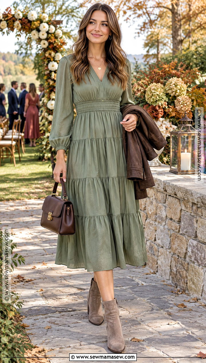 Sage Tiered Dress Fall Wedding Guest Outfit - 20 fall wedding guest outfit casual ideas