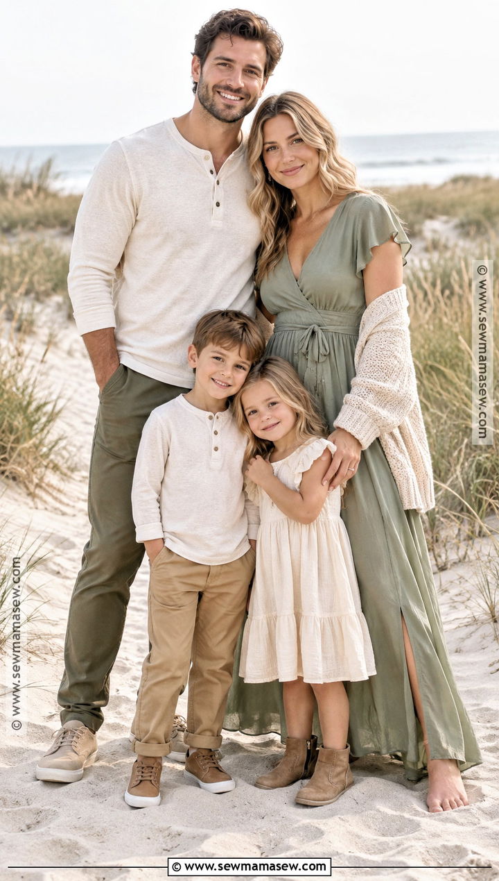 Sage and Oatmeal Fall Beach Family Outfit - 15 fall beach photoshoot family outfits