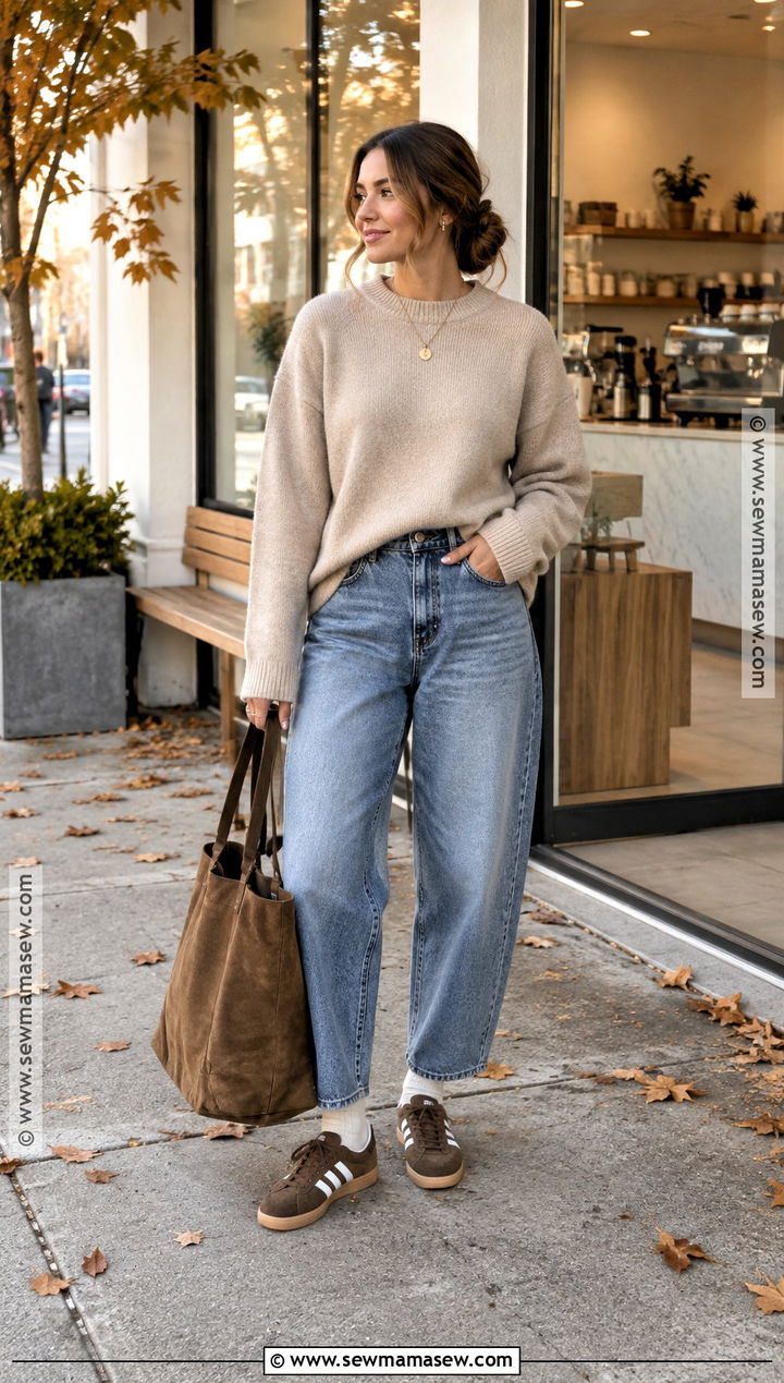 Samba With Barrel Jeans and Crewneck Sweater - 20 samba fall outfits for women
