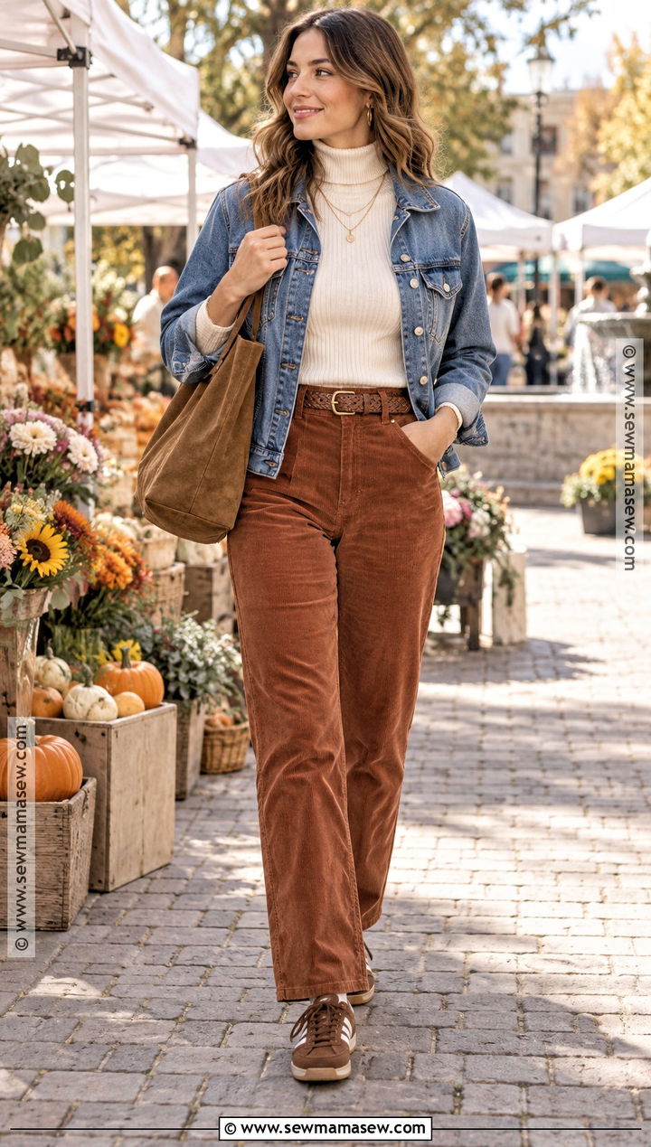 Samba With Corduroy Pants and Denim Jacket - 20 samba fall outfits for women