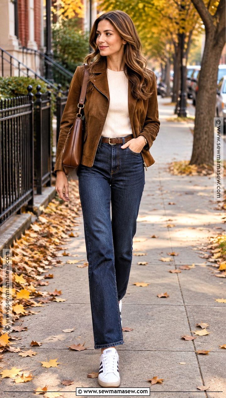 Samba With Dark Jeans and Suede Jacket - 20 samba fall outfits for women