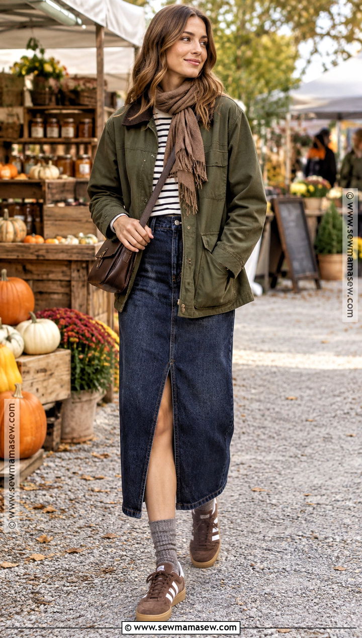 Samba With Denim Midi Skirt and Barn Jacket - 20 samba fall outfits for women