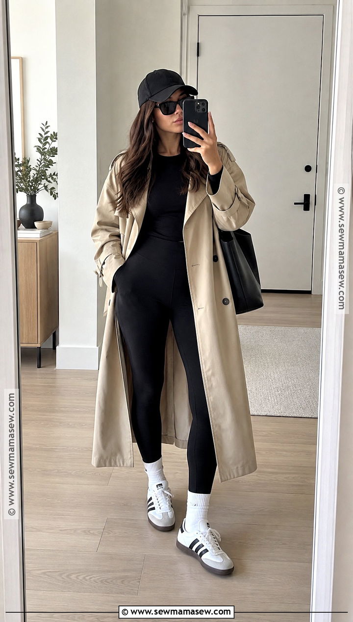 Samba With Leggings and Long Trench Coat - 20 samba fall outfits for women