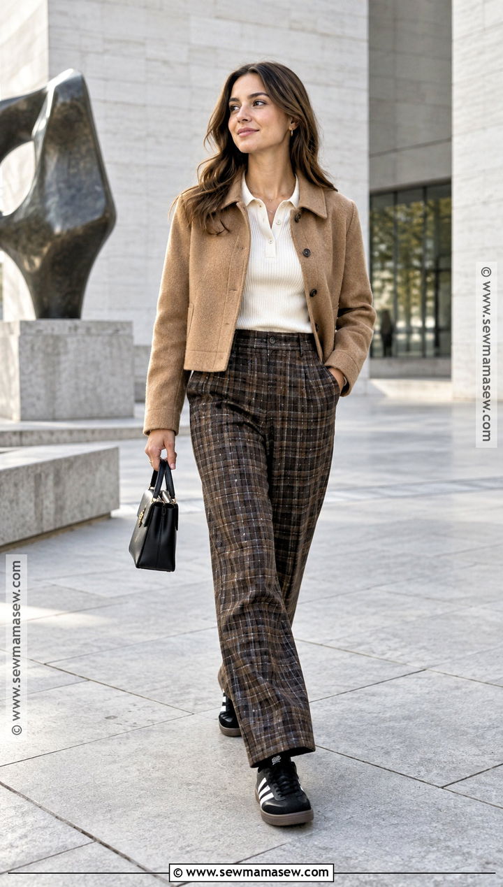 Samba With Plaid Trousers and Knit Polo - 20 samba fall outfits for women