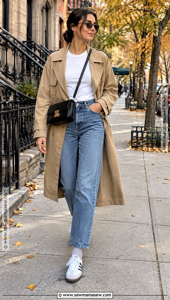 Samba With Straight Leg Jeans and Trench Coat - 20 samba fall outfits for women