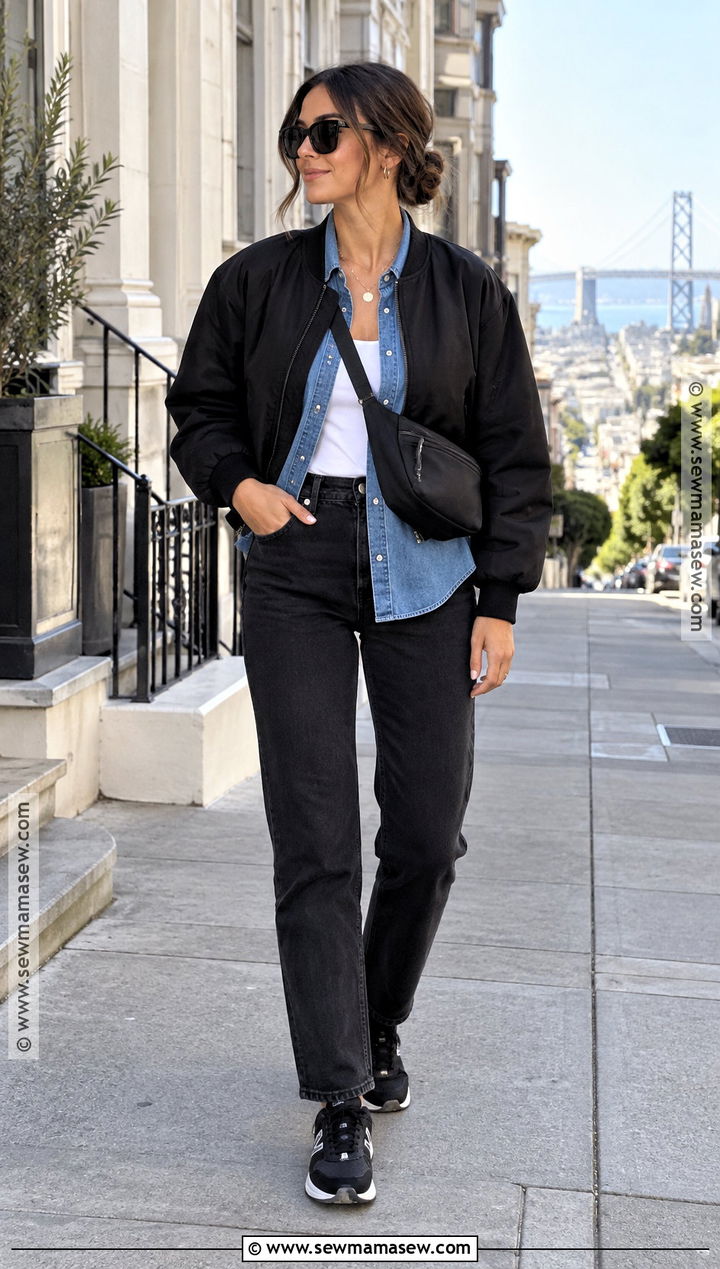San Francisco Fall Denim Shirt Black Jeans and Bomber Outfit - 20 san francisco outfit fall ideas