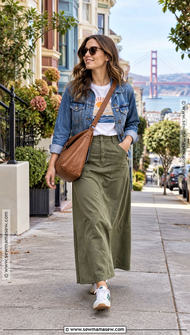 San Francisco Fall Graphic T Shirt Maxi Skirt and Denim Jacket Outfit - 20 san francisco outfit fall ideas