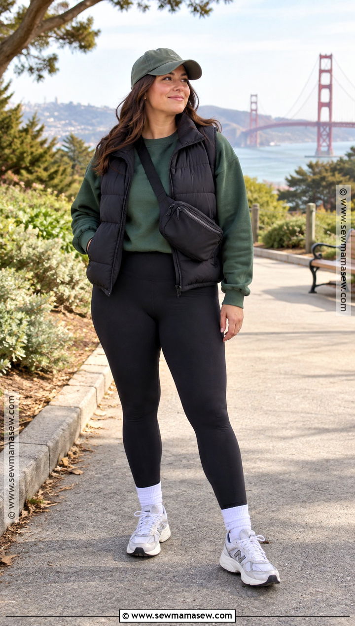 San Francisco Fall Puffer Vest Sweatshirt and Leggings Outfit - 20 san francisco outfit fall ideas