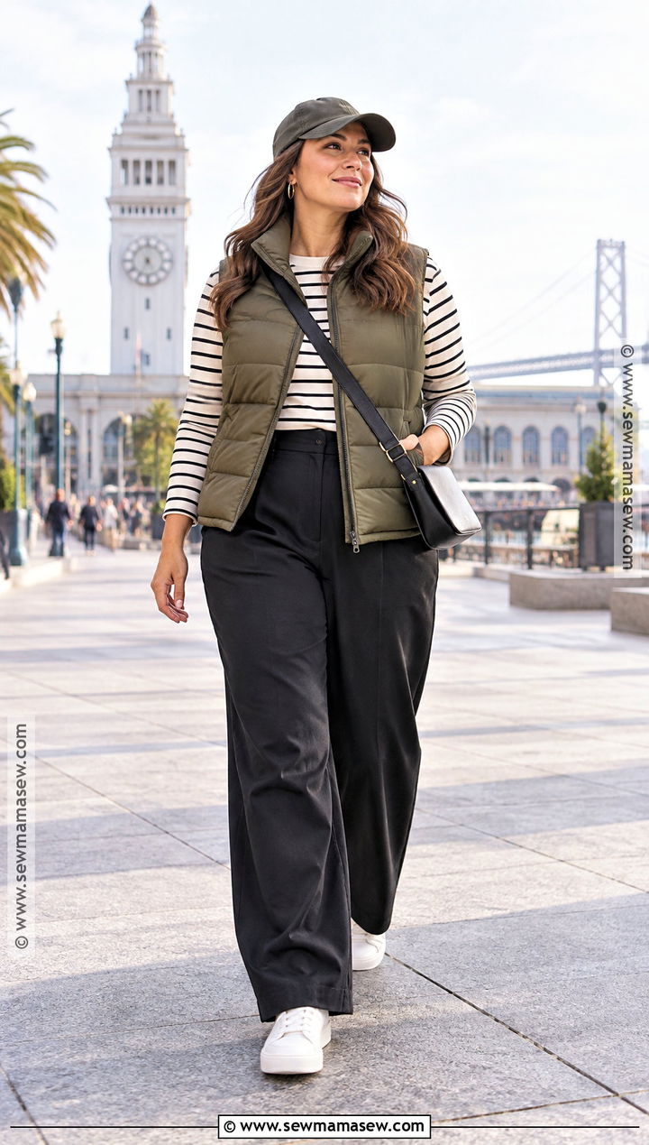 San Francisco Puffer Vest And Wide Leg Pants Outfit - 15 San Francisco In November Outfits